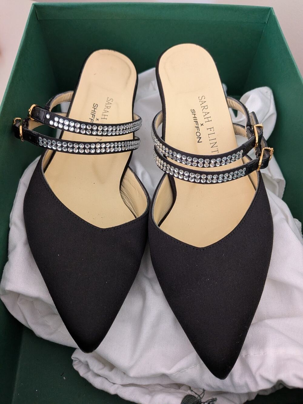 Sarah Flint Black Satin Kitten Mules 7.5 EUC